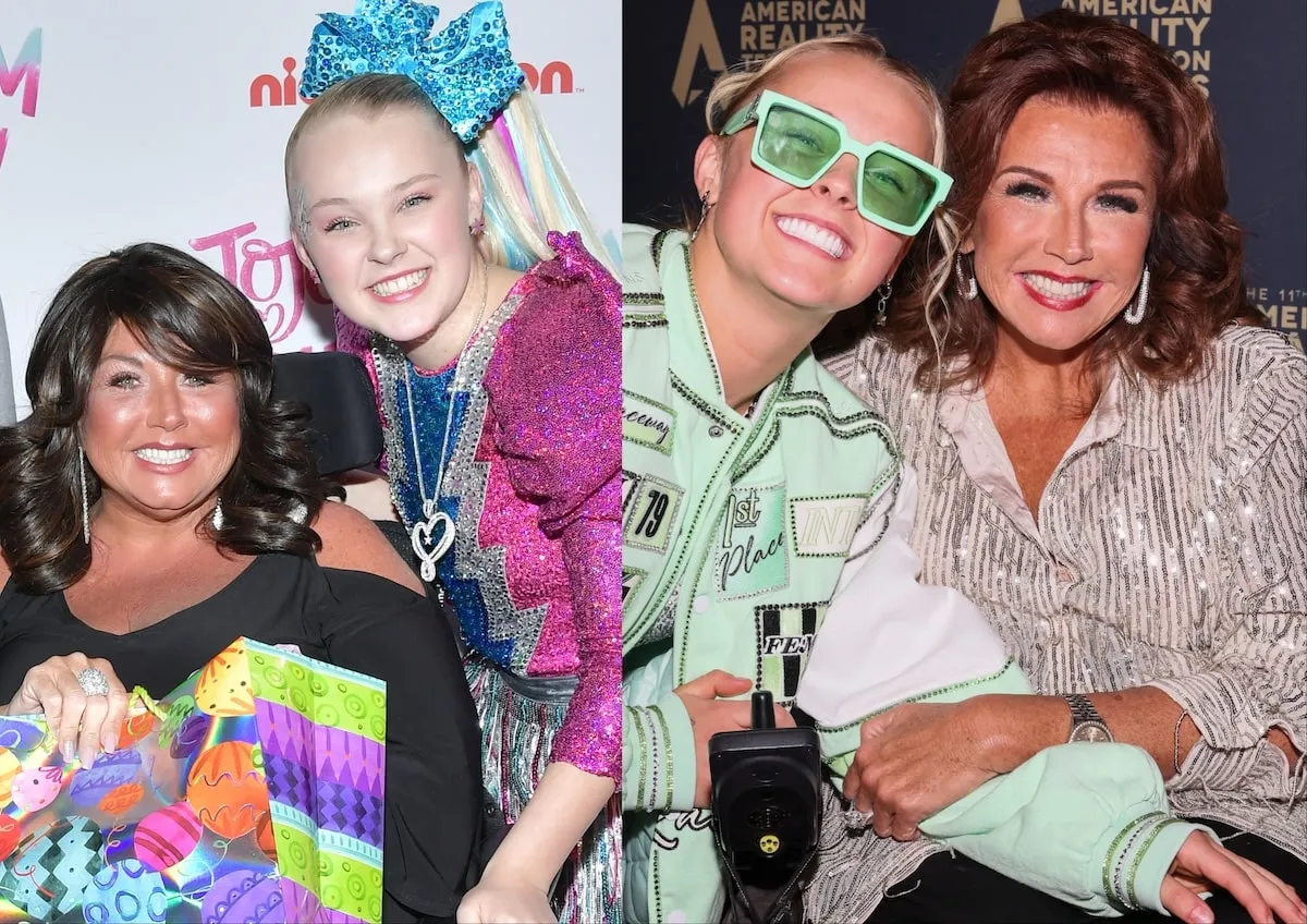 Wearing a mint colored jacket and black shorts, JoJo Siwa smiles with Abby Lee Miller on the red carpet at the 2024 Reality TV Awards