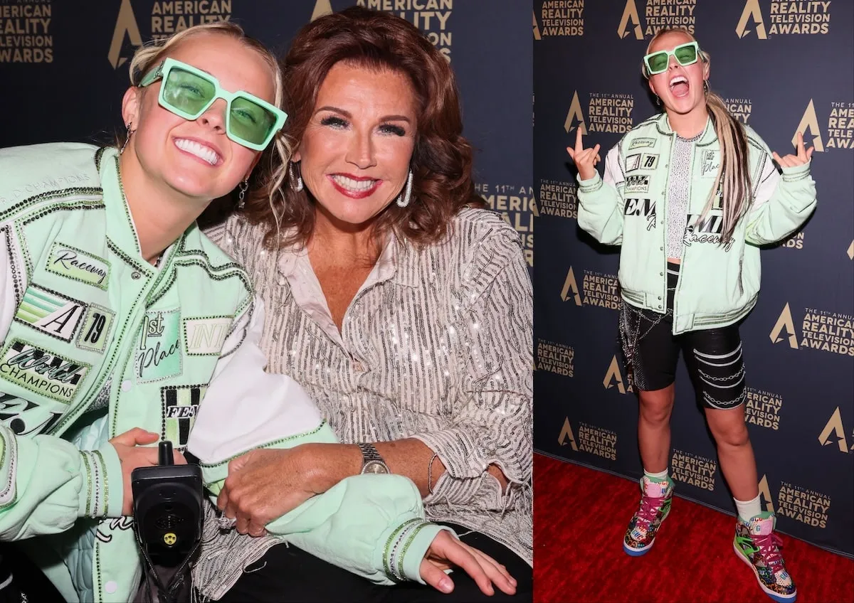 Wearing a mint colored jacket and black shorts, JoJo Siwa smiles with Abby Lee Miller on the red carpet at the 2024 Reality TV Awards