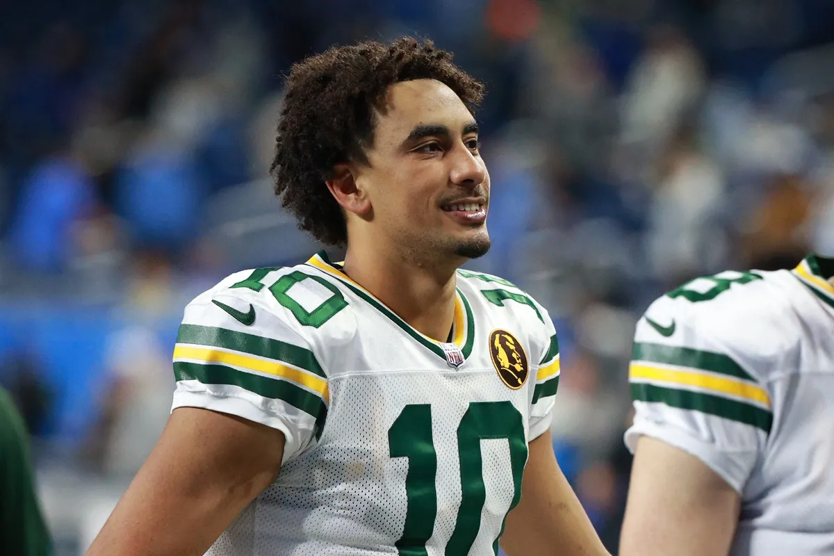 Green Bay Packers quarterback Jordan Love (10) walks off the field after the conclusion of an NFL football game between the Green Bay Packers and the Detroit Lions in Detroit, Michigan USA, on Thursday, November 23, 2023.