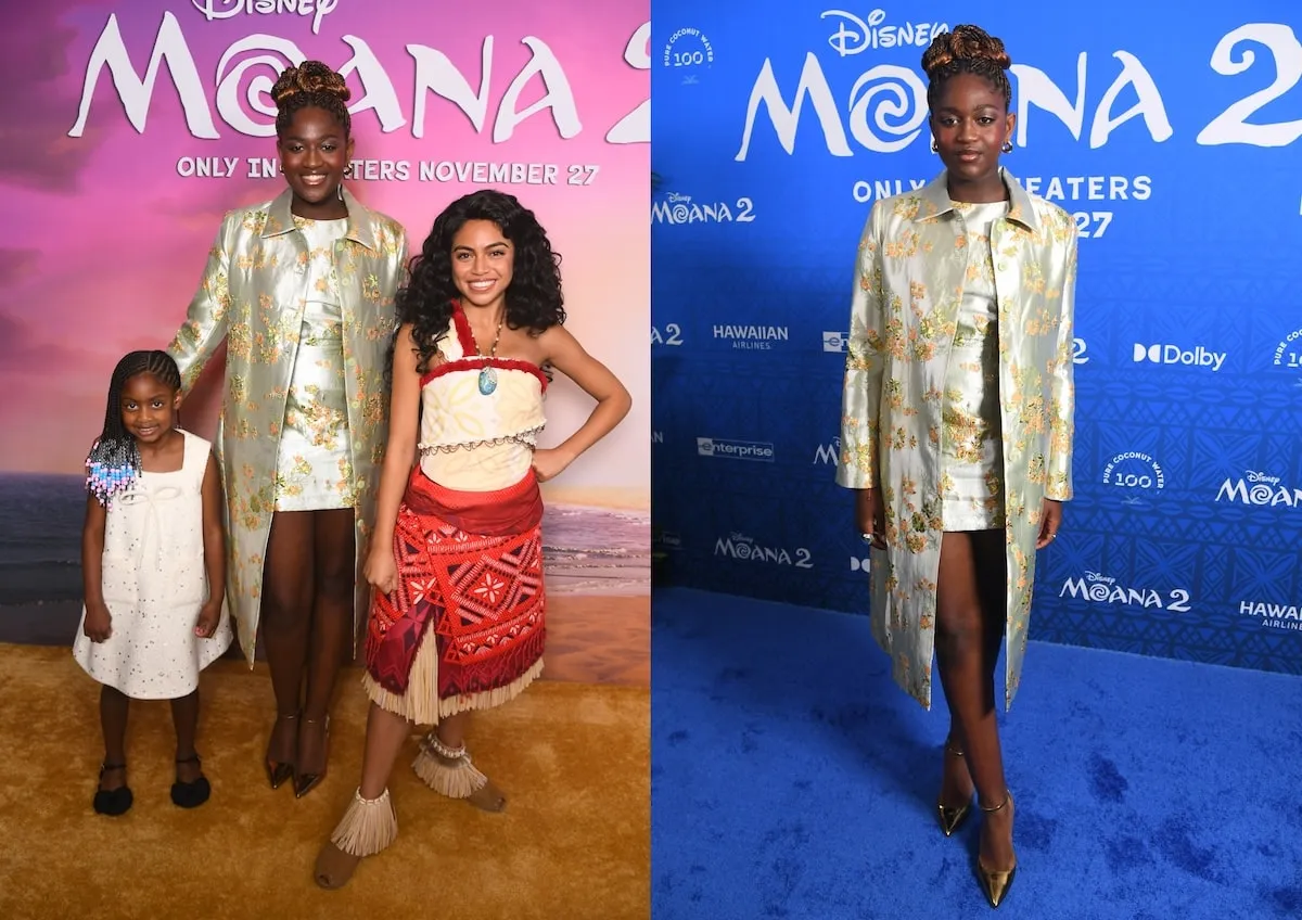 Wearing a brocade mini dress and coat, Zaya Wade smiles with her little sister Kaavia and Moana on the red carpet before the Moana 2 premiere