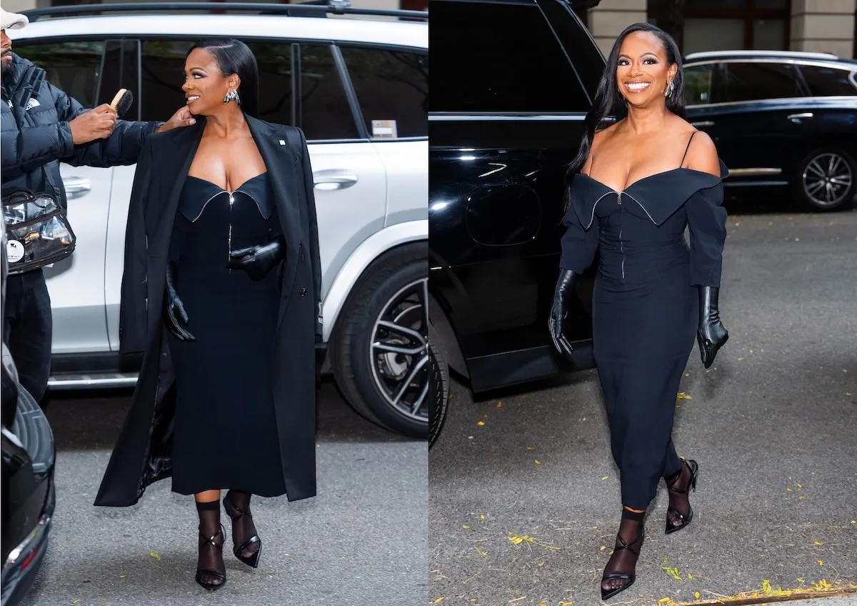 Wearing a black dress, Kandi Burruss crosses the street on the Upper West Side