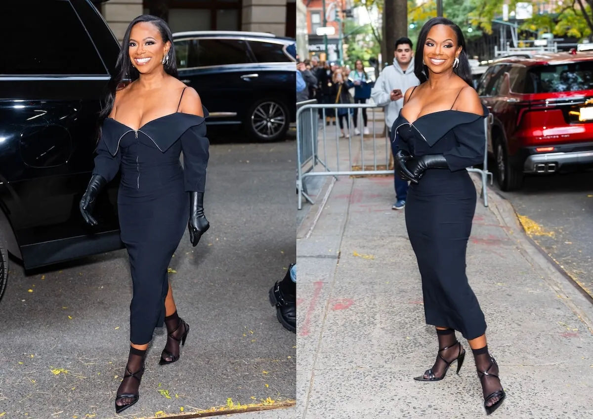 Wearing a black dress, Kandi Burruss crosses the street on the Upper West Side