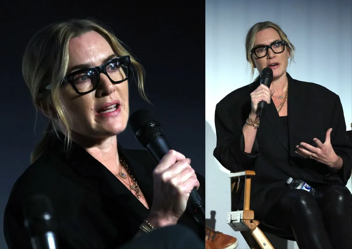 Wearing a black blazer and pants, Kate Winslet speaks to the audience after a special screening of 'Lee'