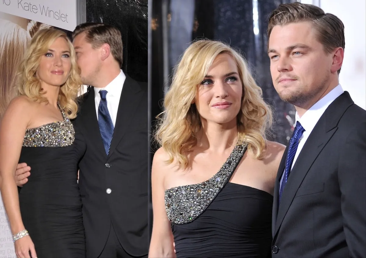 Wearing a black gown, Kate Winslet poses with 'Revolutionary Road' co-star Leonardo DiCaprio at the LA premiere