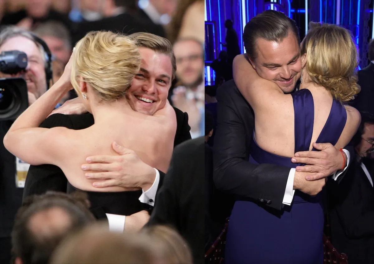 Side by side photos of Leonardo DiCaprio and Kate Winslet hugging at the Golden Globes seven years apart