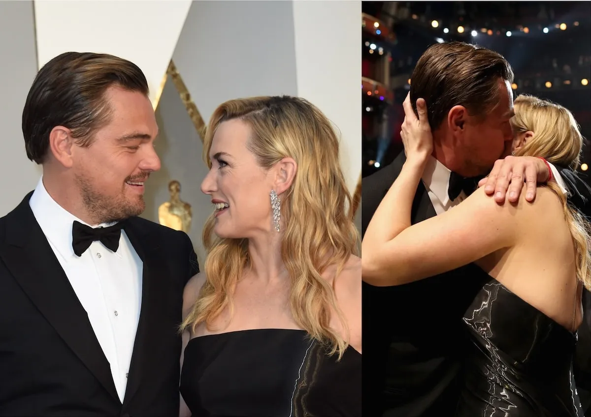 Wearing a black tuxedo and black gown respectively, Leonardo DiCaprio and Kate Winslet stand together on the red carpet for the 2016 Oscars