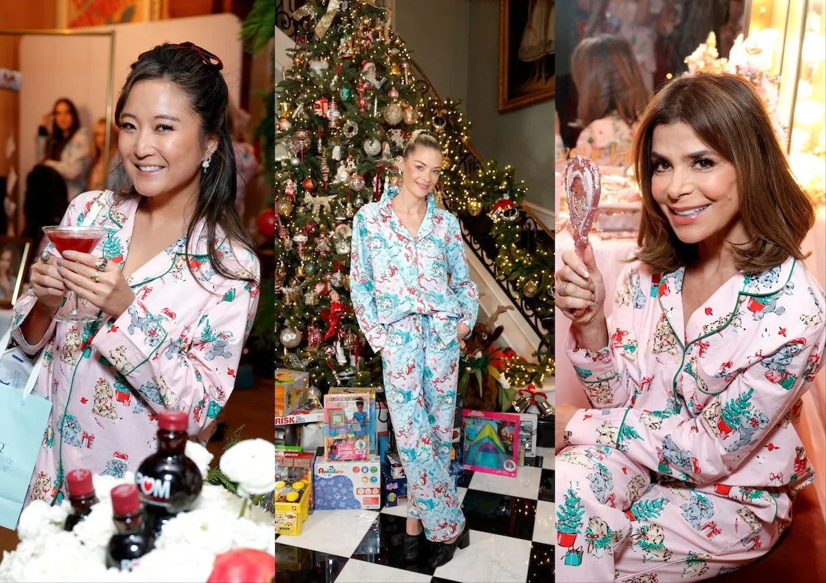 Posing in front of the Christmas tree, Ashley Park, Jaime King, and Paula Abdul smile at Kathy & Nicky Hilton's Annual Holiday Printfresh Pajama Launch Party