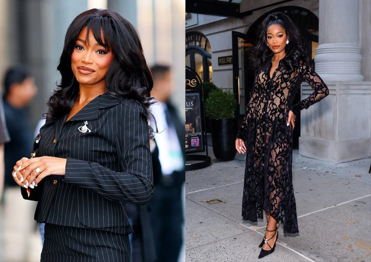 Side by side photos of Keke Palmer wearing a black business suit and black lace dress during her memoir press tour