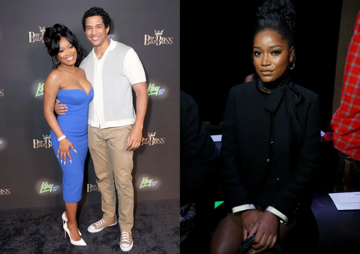 Wearing a blue dress, Keke Palmer stands with her then-husband Darius Jackson on a red carpet