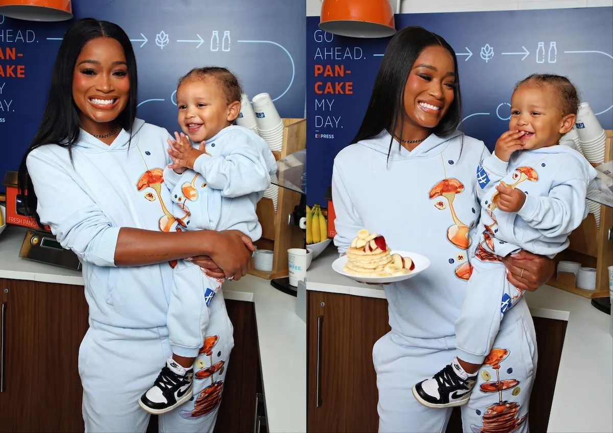 Wearing matching blue sweatsuits, Keke Palmer and her young son eat pancakes