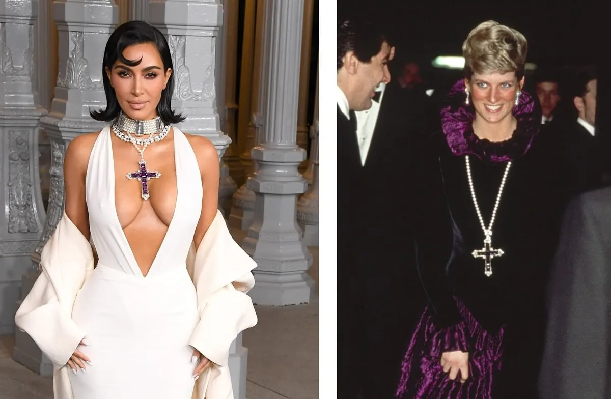 (L) Kim Kardashian wearing amethyst cross pendant, (R) Princess Diana wearing amethyst cross pendant