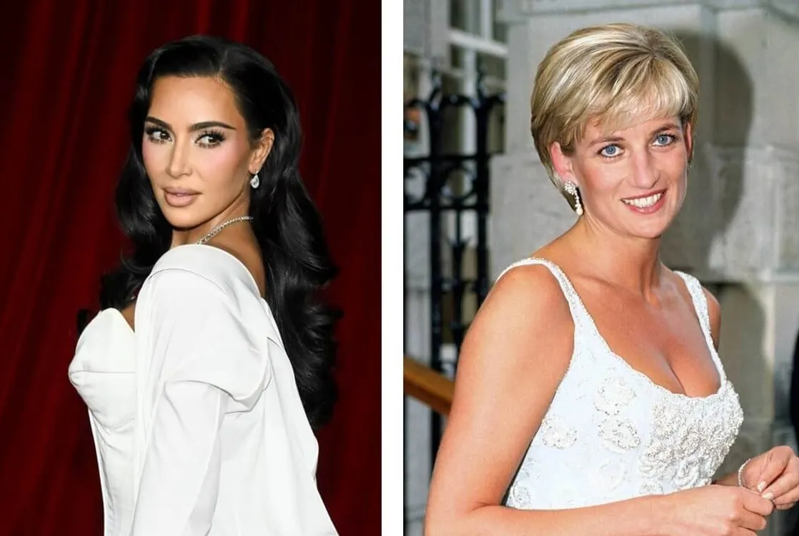 (L) Kim Kardashian at a gala in Los Angeles, (R) Princess Diana at a gala in London