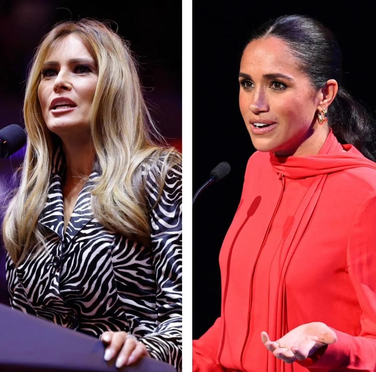 (L) Meghan Markle delivers a speech in Manchester, England (R) Melania Trump speaks during campaign at Madison Square Garden