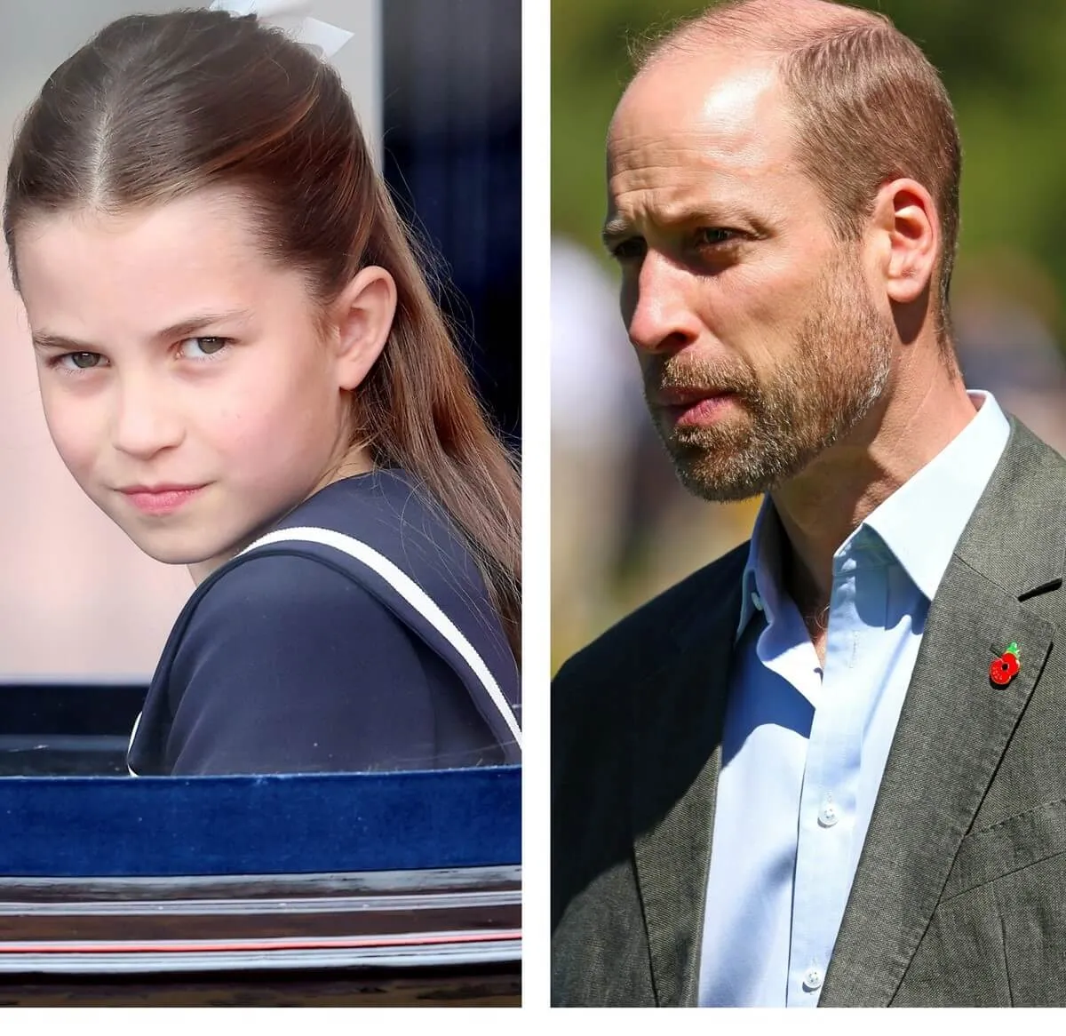 (L) Princess Charlotte during Trooping the Colour, (R) Prince William meeting Earthshot Prize finalist in South Africa