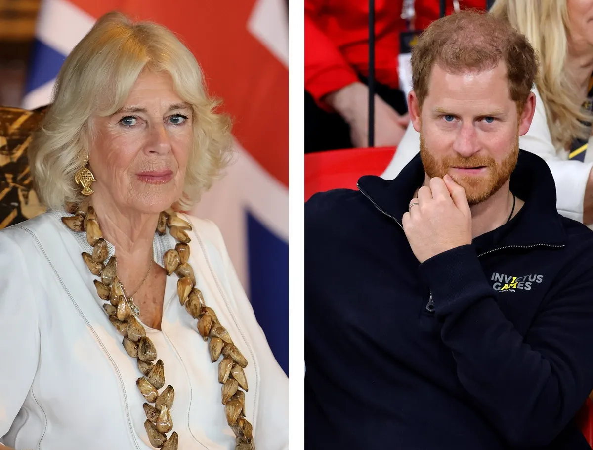 (L) Queen Camilla attends ceremonial welcome in Somoa, (R) Prince Harry watches Invictus Games sitting volleyball match