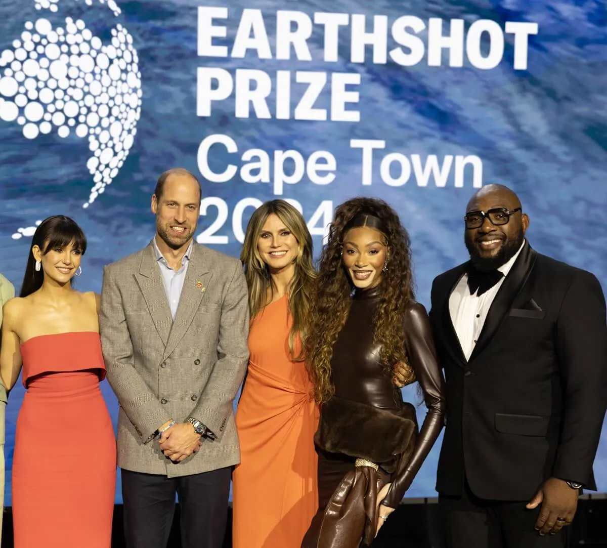 (L-R): Nina Dobrev, Prince William, Heidi Klum, Winnie Harlow, Tendai Mtawarira at 2024 Earthshot Prize awards ceremony in Cape Town, South Africa