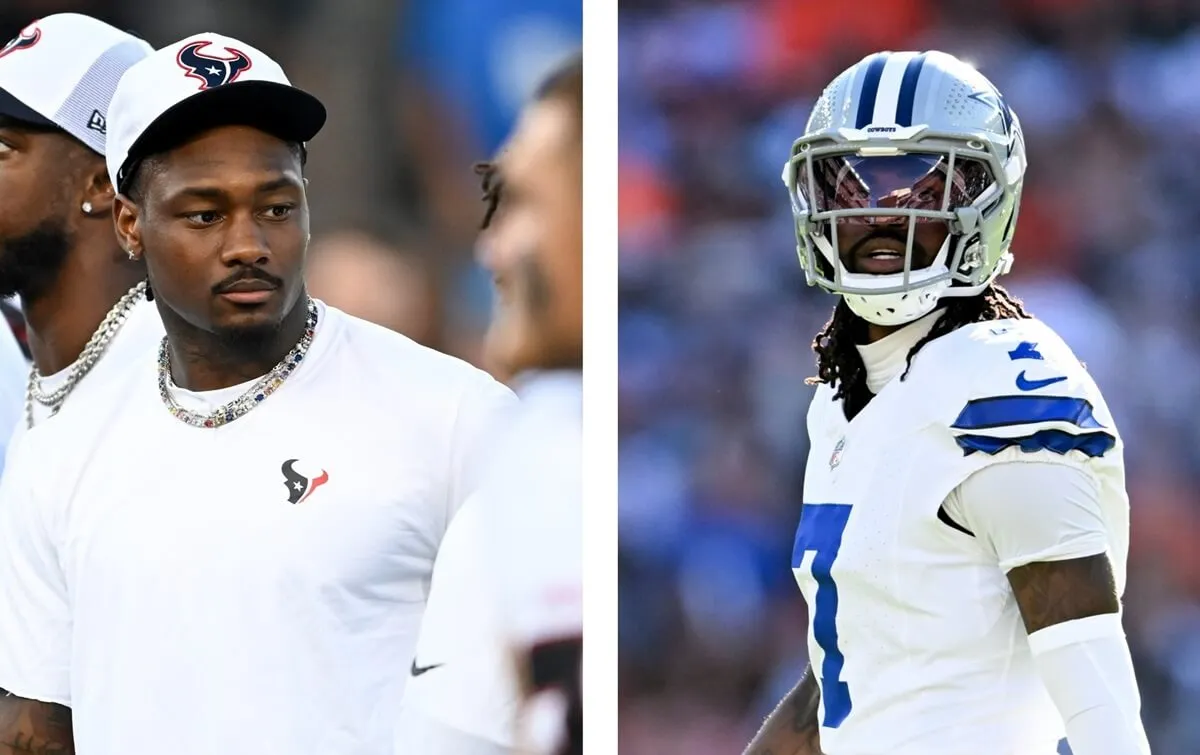 (L) Stefon Diggs of the Houston Texans looks on during the Hall of Fame game, (R) Trevon Diggs of the Dallas Cowboys plays in a game against the Cleveland Browns