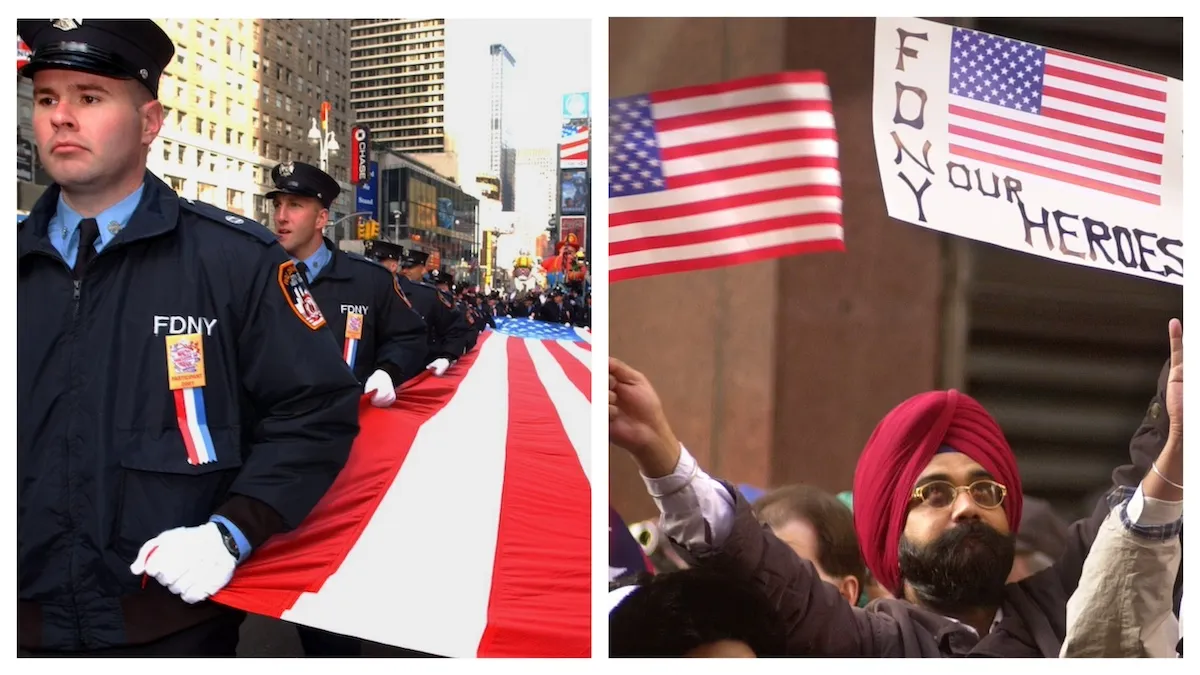 Police officers hold a large American flag during the 2001 Macy's Thanksgiving Day Parade next to a photo of a Sikh man in a turban waving an American flag