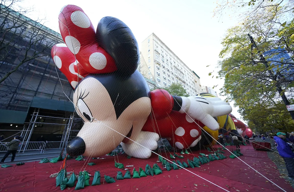 The Minnie Mouse balloon being inflated for the 2024 Macy's Thanksgiving Day Parade