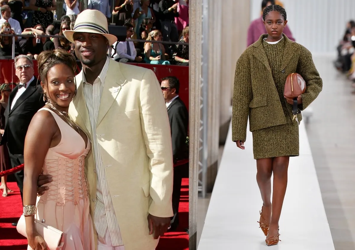 NBA player Dwyane Wade poses with his then-wife Siohvaughn on the red carpet in 2006; Zaya Wade walks the runway for Miu Miu in 2023