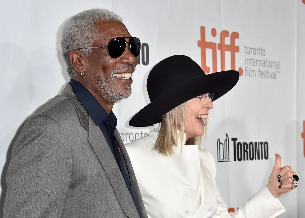 Morgan Freeman posing alongside Diane Keaton at a '5 Flights Up' screening.