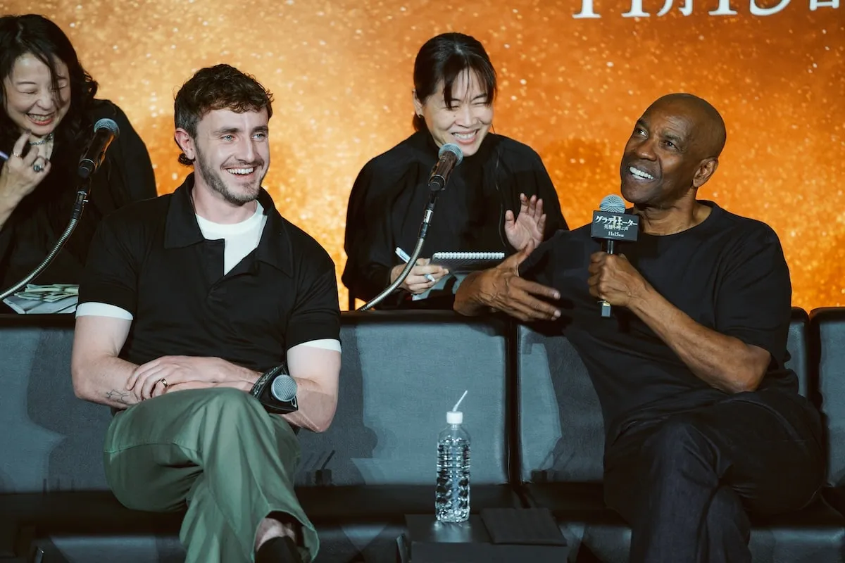 Actors Paul Mescal and Denzel Washington speak to the audience at the “Gladiator II” Japan Press Conference