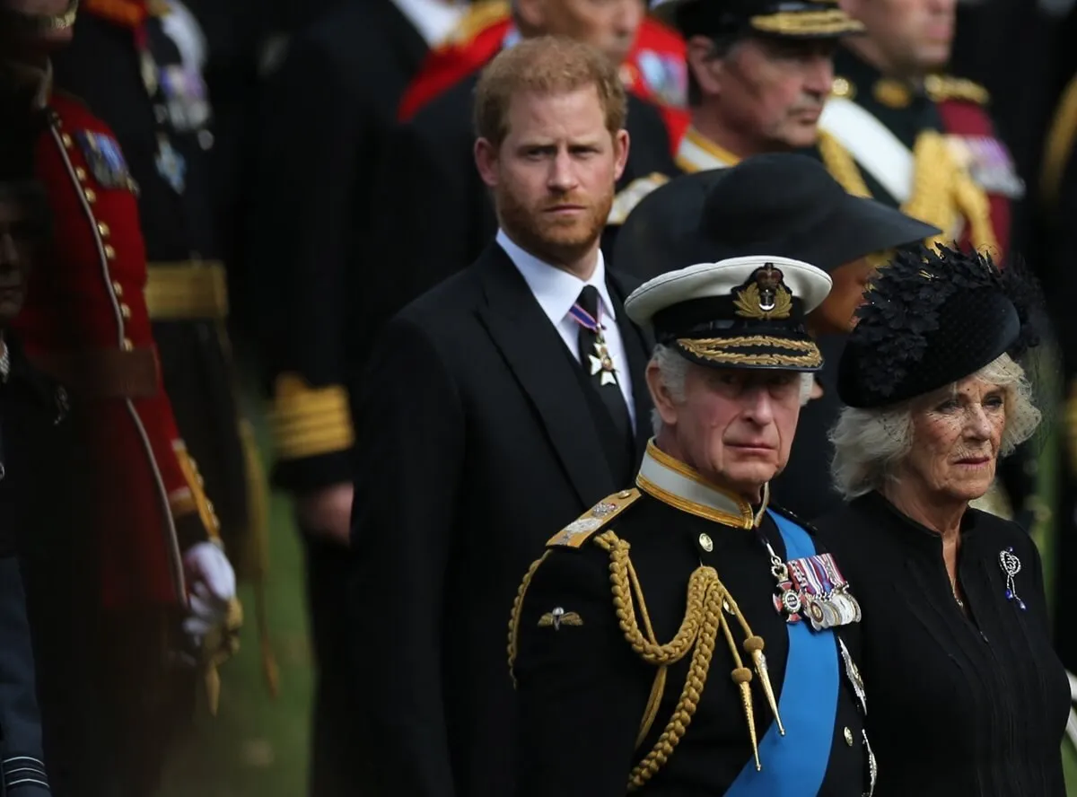 Prince Harry, King Charles III, and Queen Camilla attend the state funeral of Queen Elizabeth II