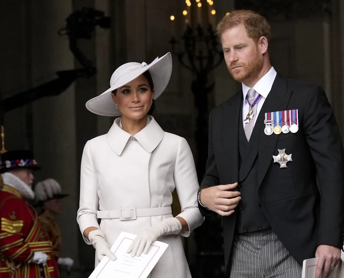 Prince Harry and Meghan Markle leave after a service of thanksgiving for the reign of Queen Elizabeth II at St Paul's Cathedral in London