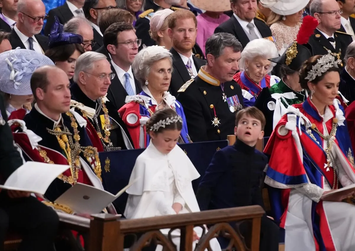 Prince Harry seated in the third row away from Prince William at the coronation ceremony of their father, King Charles III