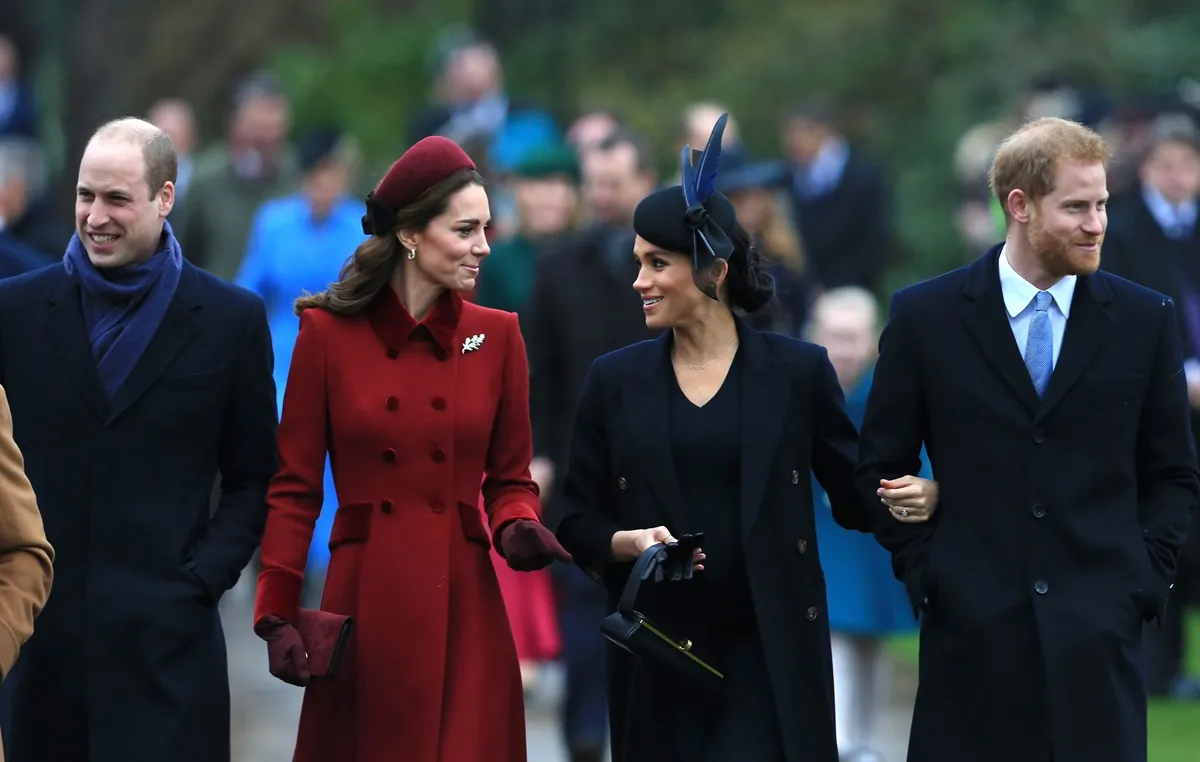 Prince William, Kate Middleton, Meghan Markle, and Prince Harry arrive to attend Christmas Day church service at Mary Magdalene on the Sandringham estate