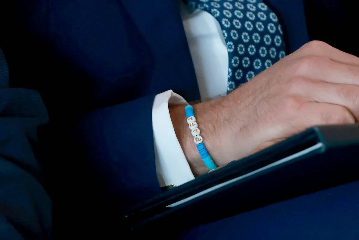 Prince William's wrist showing the "Papa" bracelet that Princess Charlotte made for him