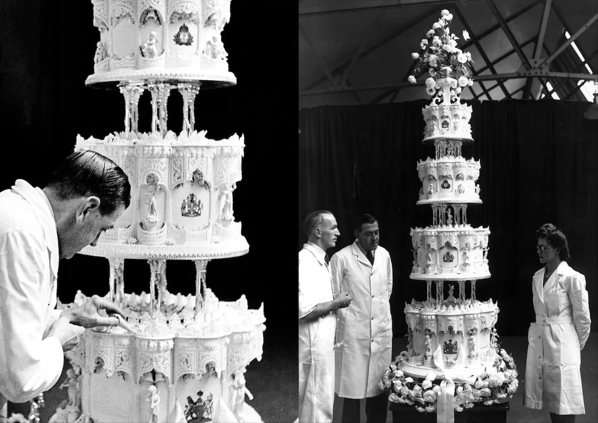 Bakers put the finishing touches on Princess Elizabeth and Prince Philip's wedding cake