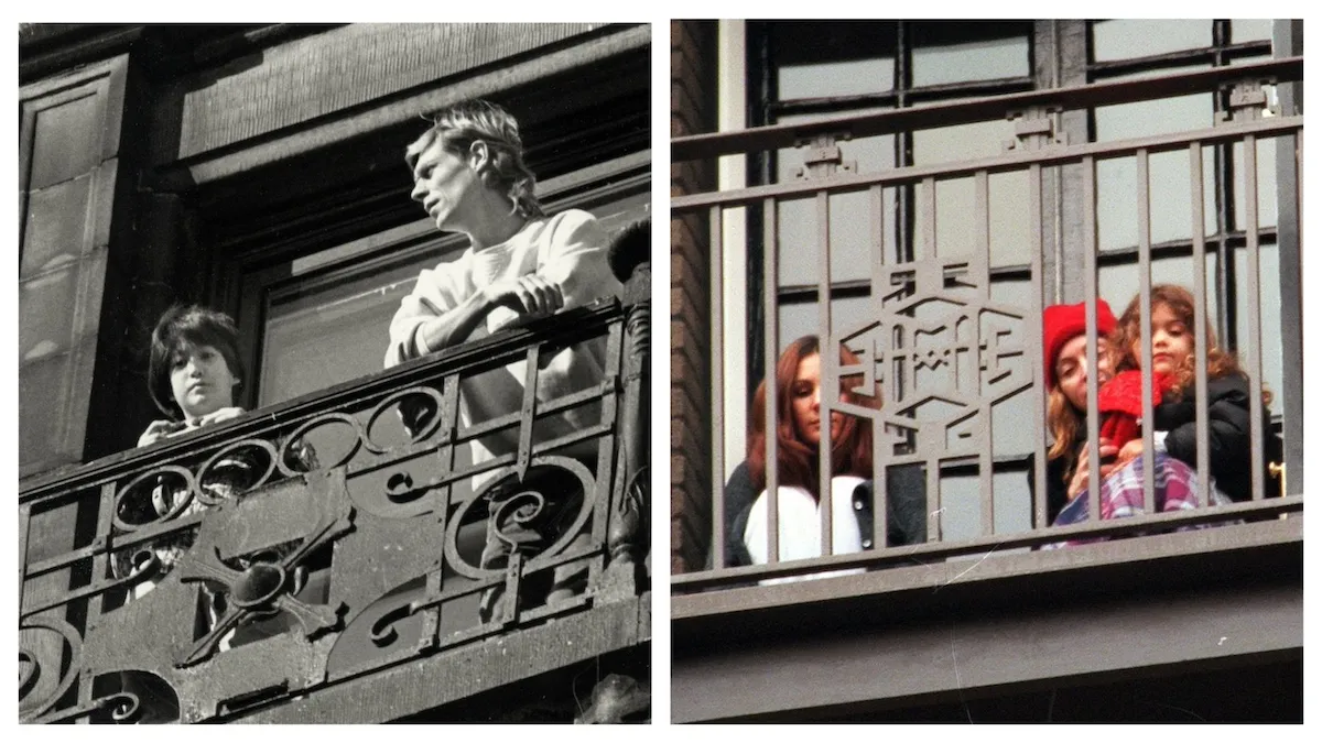 A black and white photo of a young Sean Lennon standing on a balcony next to anoher man next to a photo of Madonna cuddling with her young daughter on a balcony