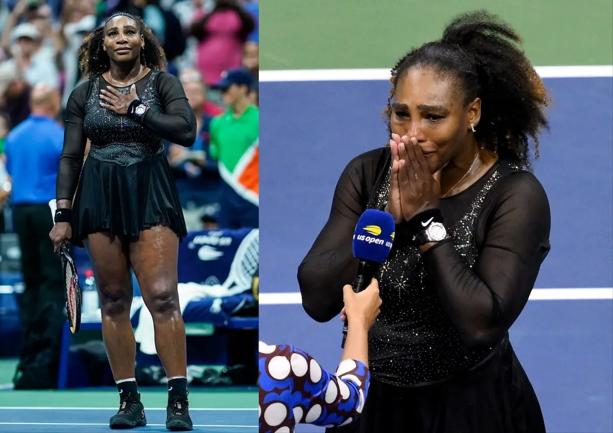 Wearing a black tennis dress, Serena Williams acknowledges the crowd after her final tennis match at the 2022 U.S. Open