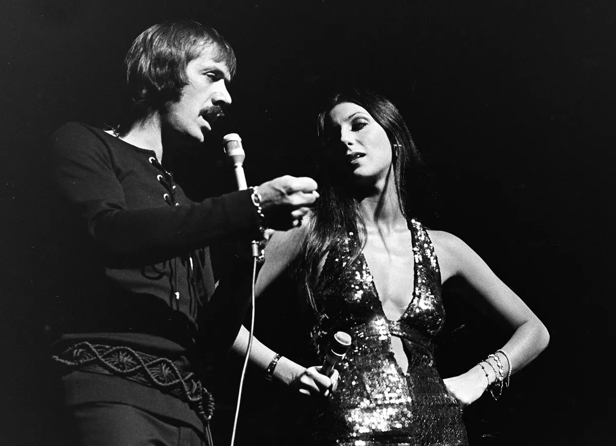 Sonny Bono (1935 - 1998) (left) and Cher performing as the duo Sonny & Cher, at the 7-Up Showcase Theater