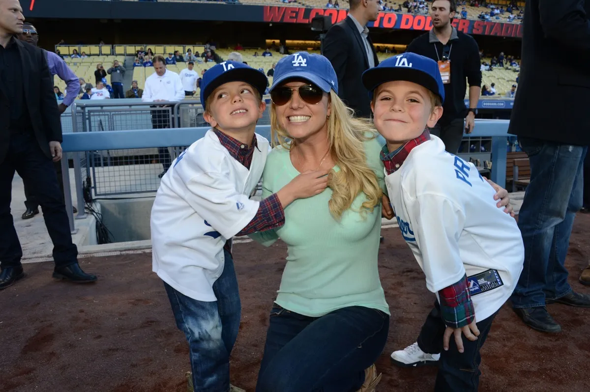 Britney Spears with Jayden James Federline and Sean Preston Federline at Dodgers Stadium in 2013