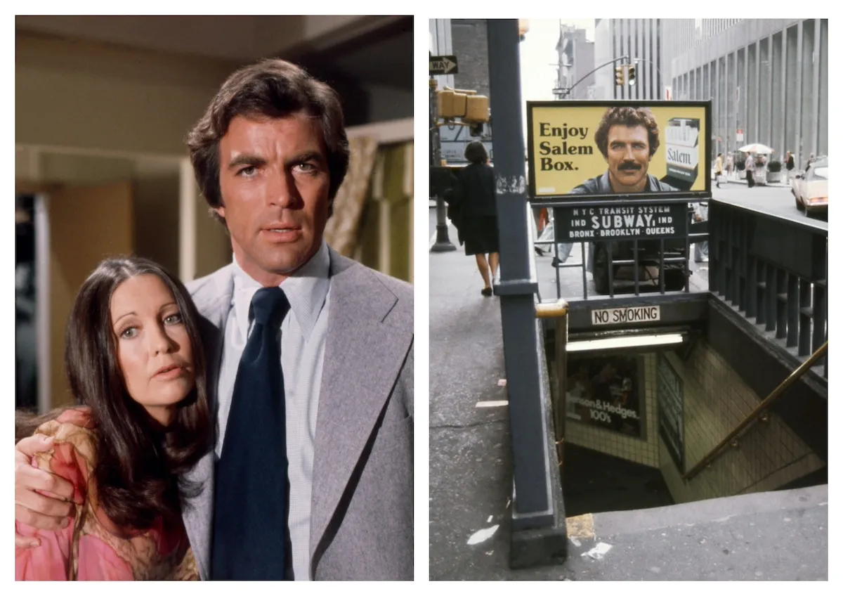 Tom Selleck, without a mustache, with his arm around a brown-haired woman and next to an image of Tom Selleck in Salem cigarettes ad above a NYC subway entrance