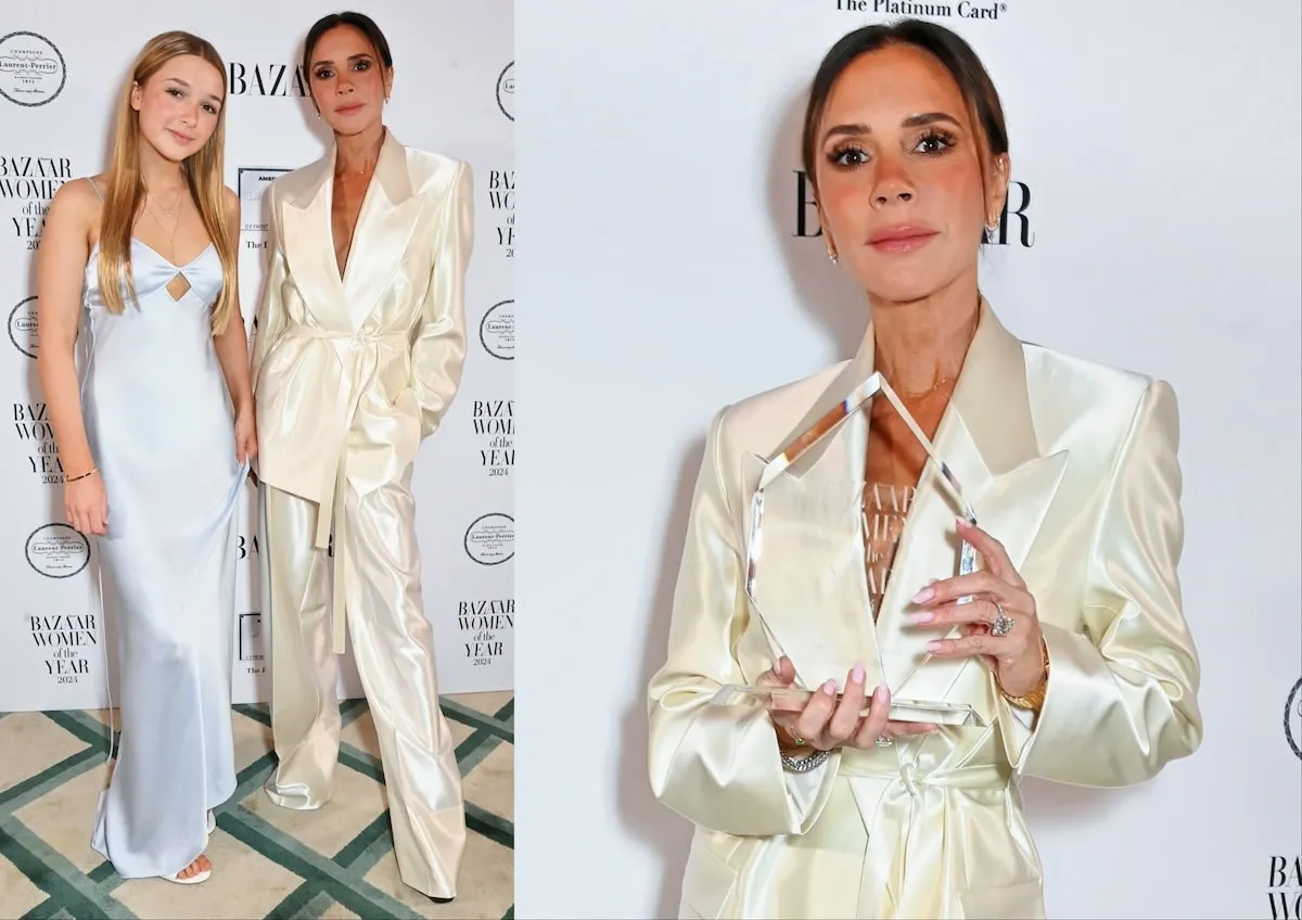 Harper Beckham wears a pale blue dress and smiles with mom, Victoria Beckham, at the 2024 Harper's Bazaar Women of the Year Awards