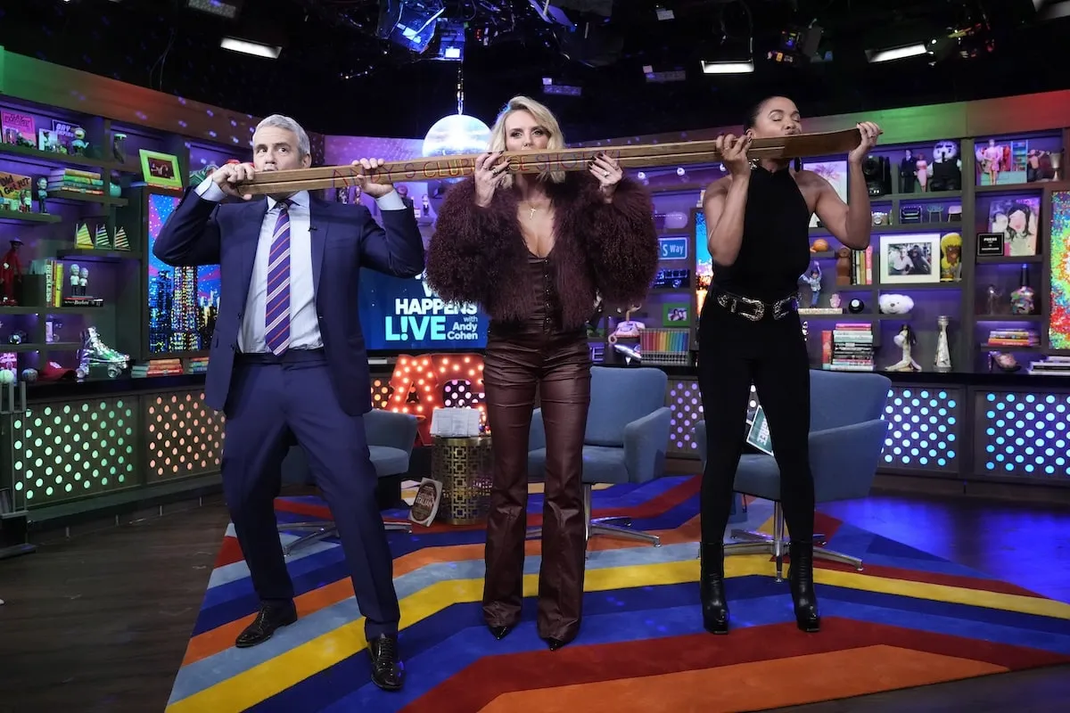 Host Andy Cohen, Whitney Rose, and Joy Bryant do a shot-ski together on 'Watch What Happens Live With Andy Cohen'