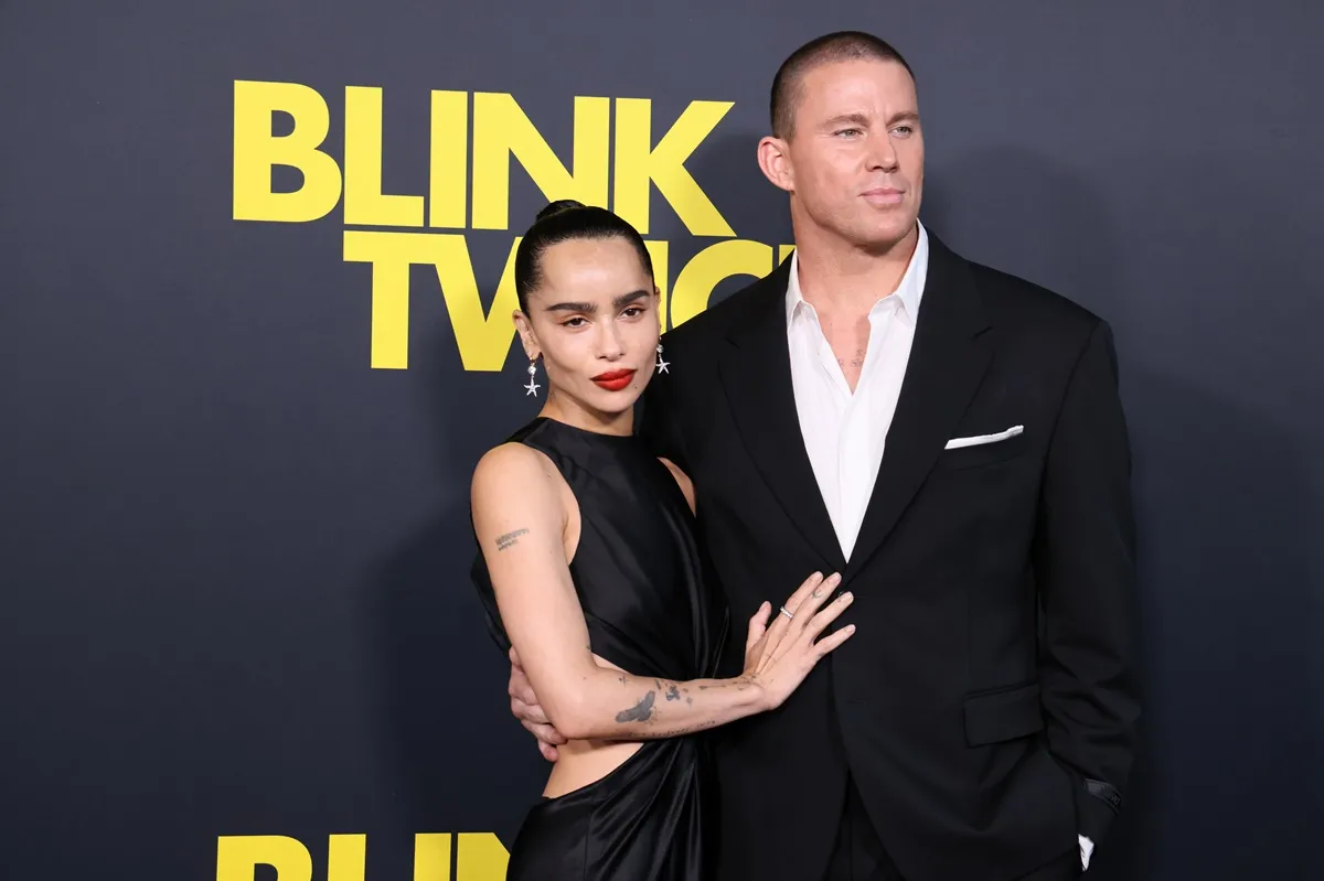 Zoe Kravitz and Channing Tatum posing in matching colored outfits at 'Blink Twice' premiere.