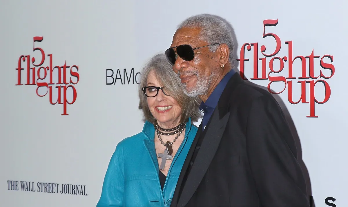 Diane Keaton posing alongside Morgan Freeman at the premiere of '5 Flights Up.'