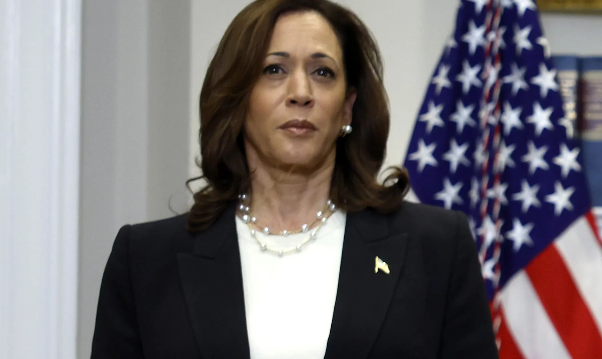 Kamala Harris next to a flag