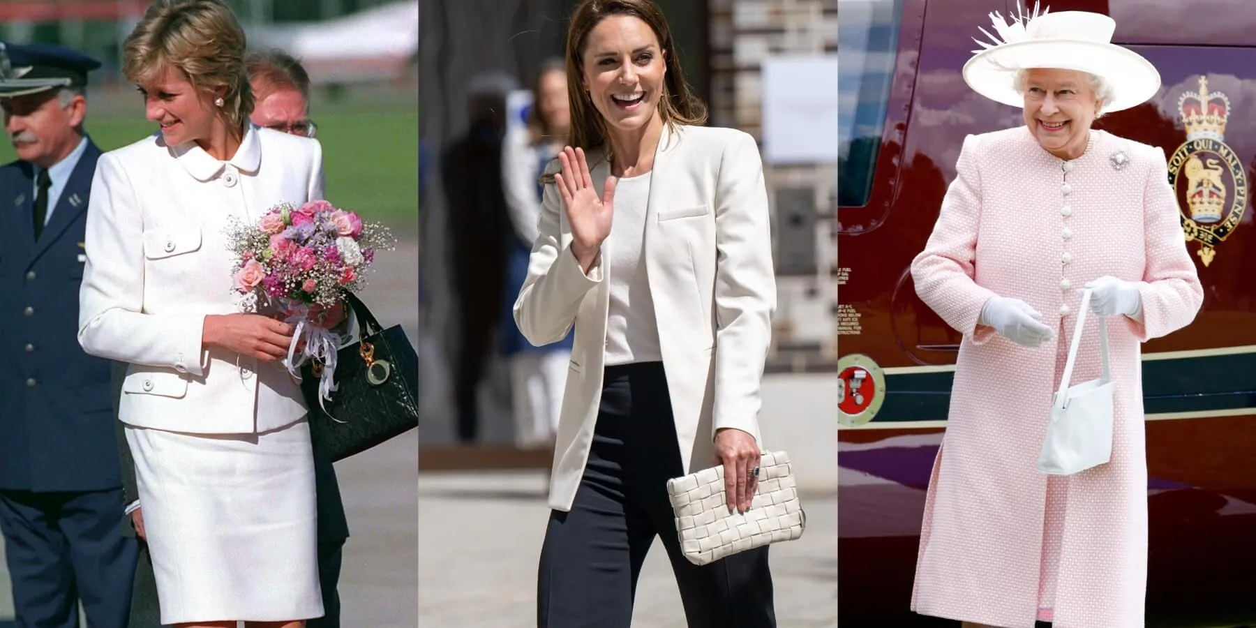 Princess Diana, Kate Middleton, Queen Elizabeth all holding purses