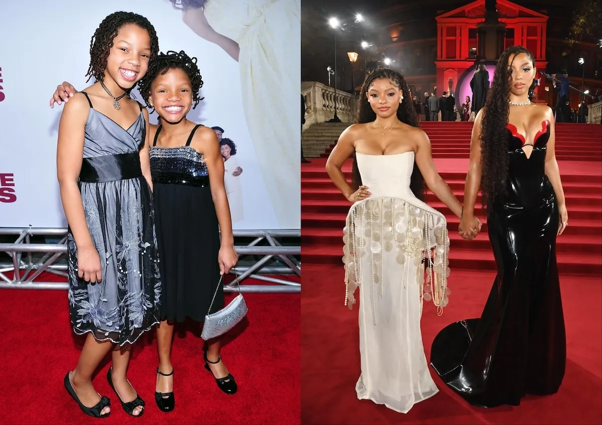 Side by side photos of Chloe Bailey and Halle Bailey standing together on a red carpet in 2008 and 2024