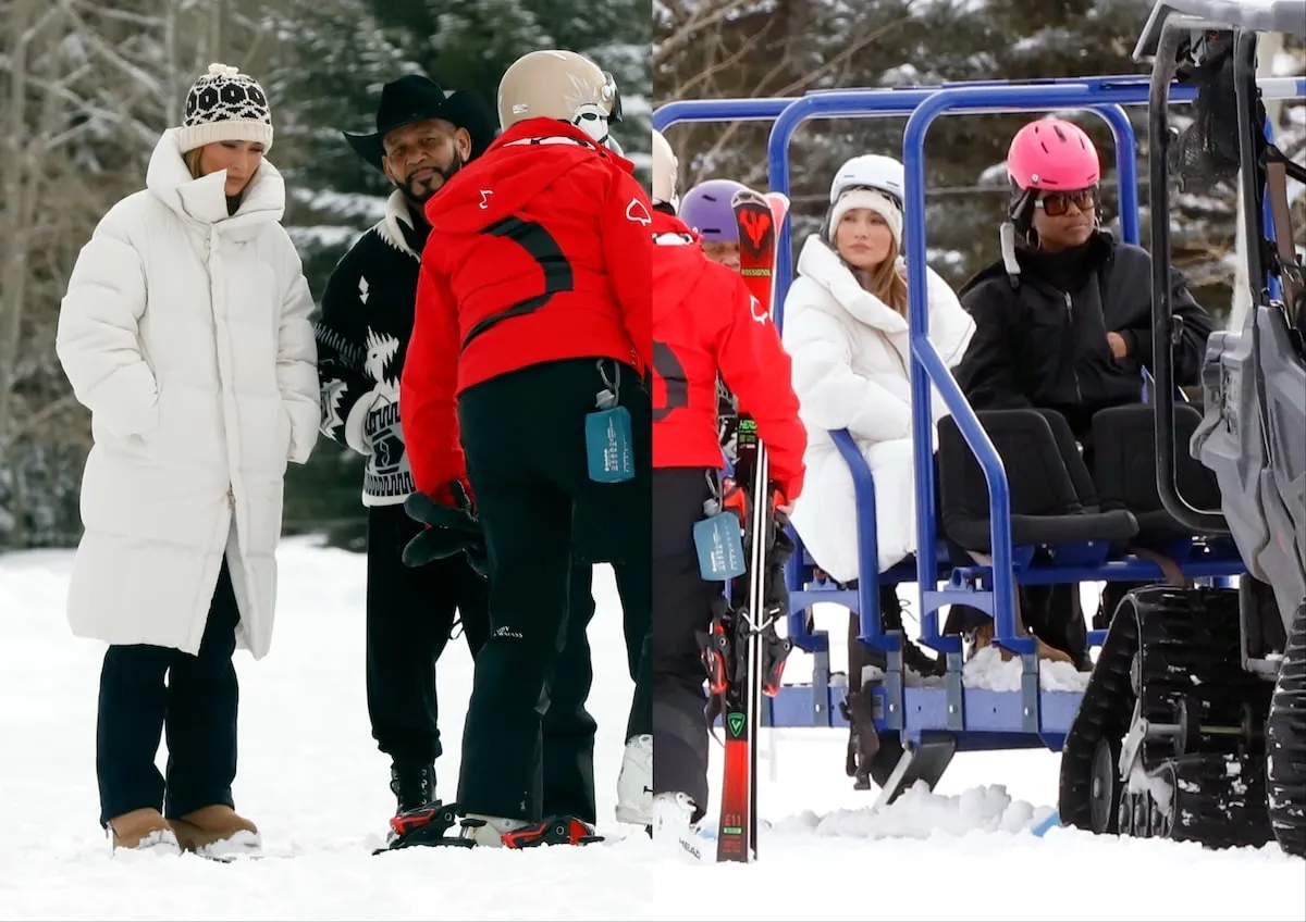 Wearing a white puffer coat, Jennifer Lopez walks on the snowy slopes with manager Benny Medina