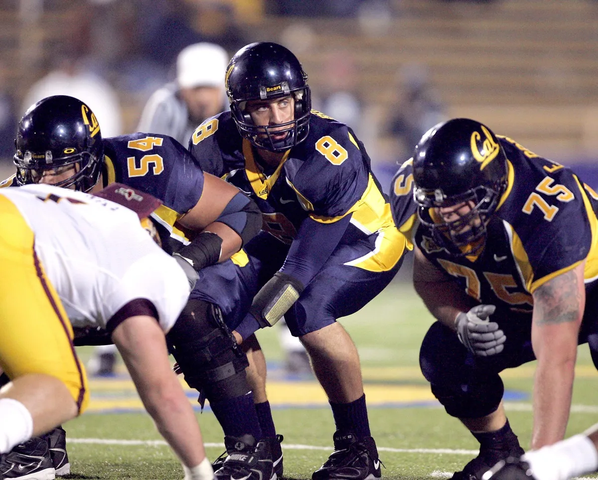 Cal quarterback Aaron Rodgers at the line in the first quarter as the California Golden Bears defeated the Arizona State Sun Devils 27-0 at Memorial Stadium in Berkeley, California, Saturday, October 30, 2004