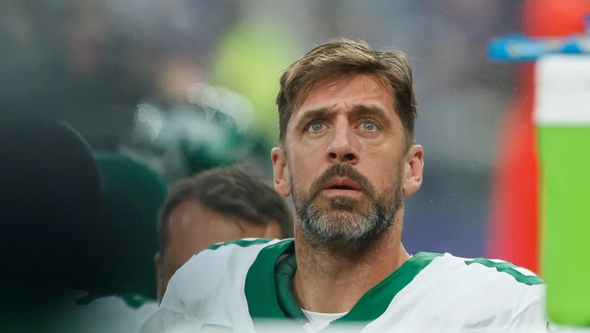 Aaron Rodgers of New York Jets during the NFL match between New York Jets and Minnesota Vikings at Tottenham Hotspur Stadium on October 6, 2024 in London, England.