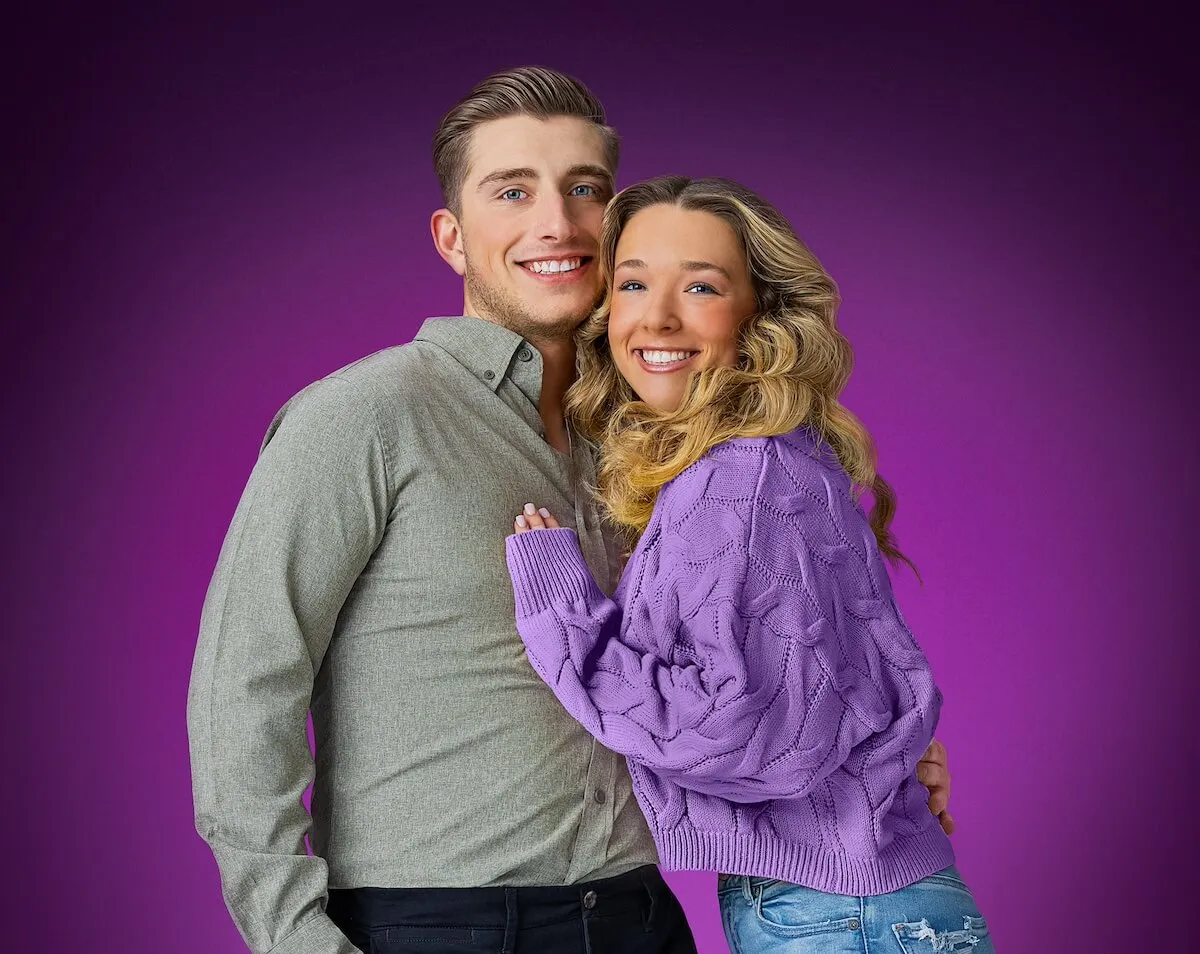 Baylen Dupree leaning against her boyfriend Colin on a purple background