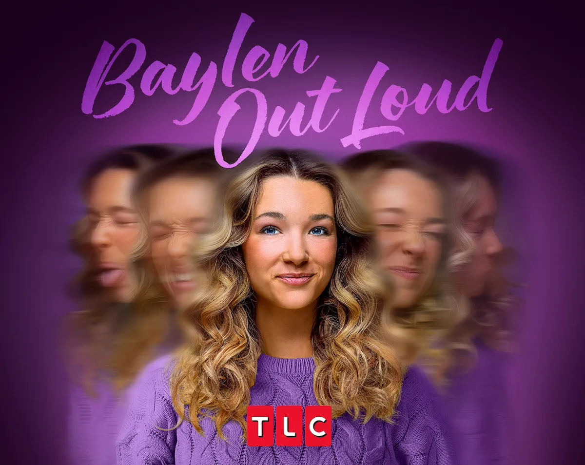 Baylen Dupree in purple sweater with blurred images of her face to the left and the right