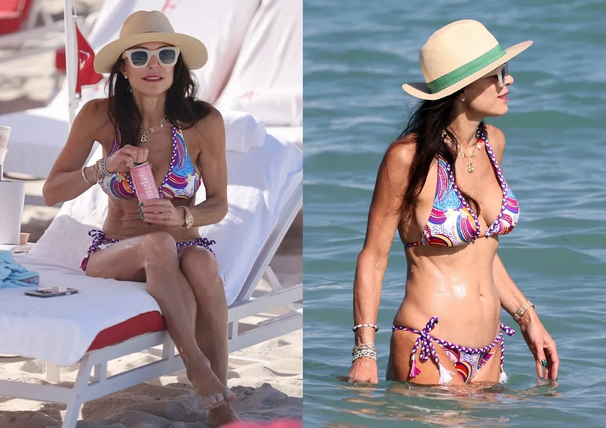 Wearing a pink and blue floral bikini, Bethanny Frankel walks on a Miami beach